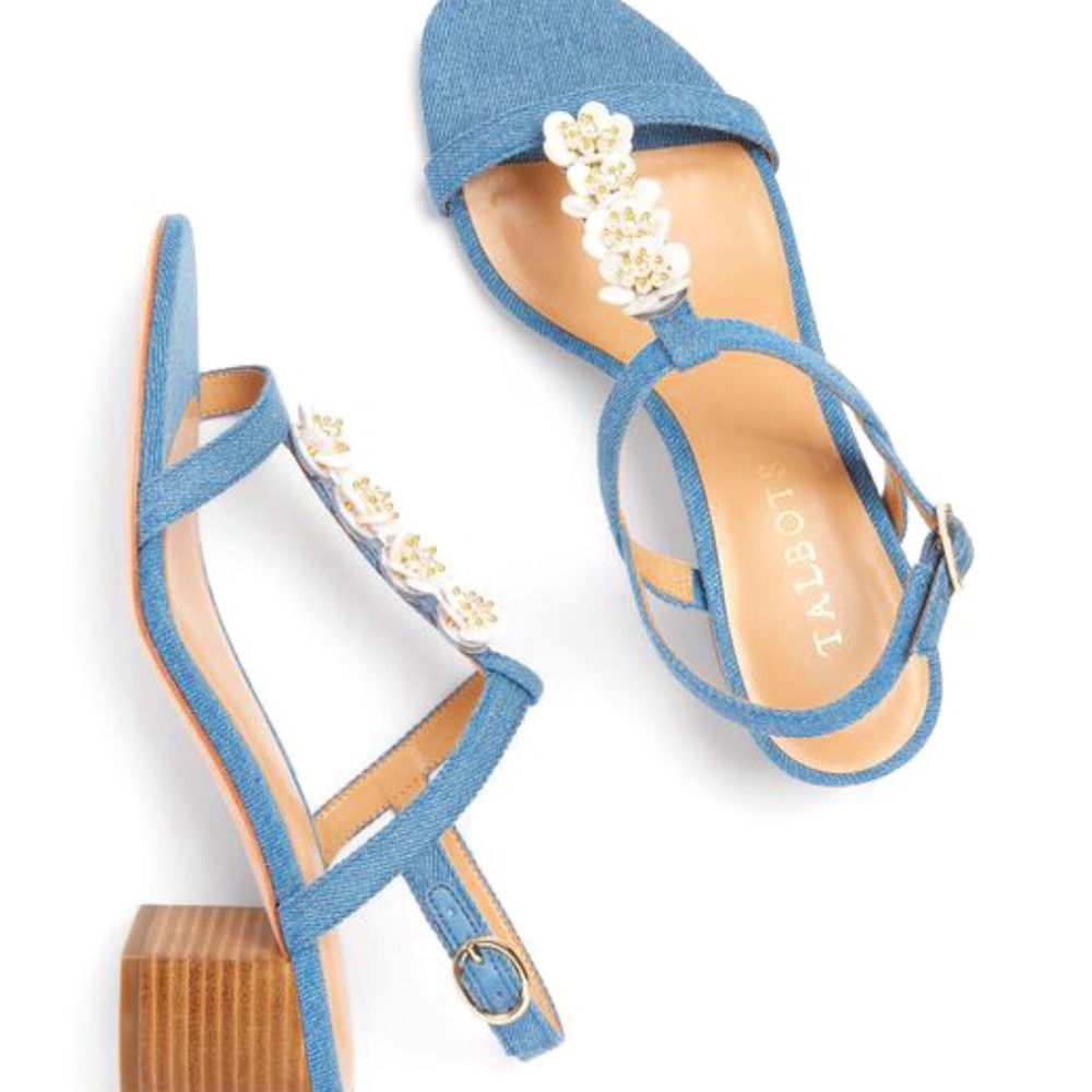 Mimi Flower-Embellished Block Heel Sandals - Denim